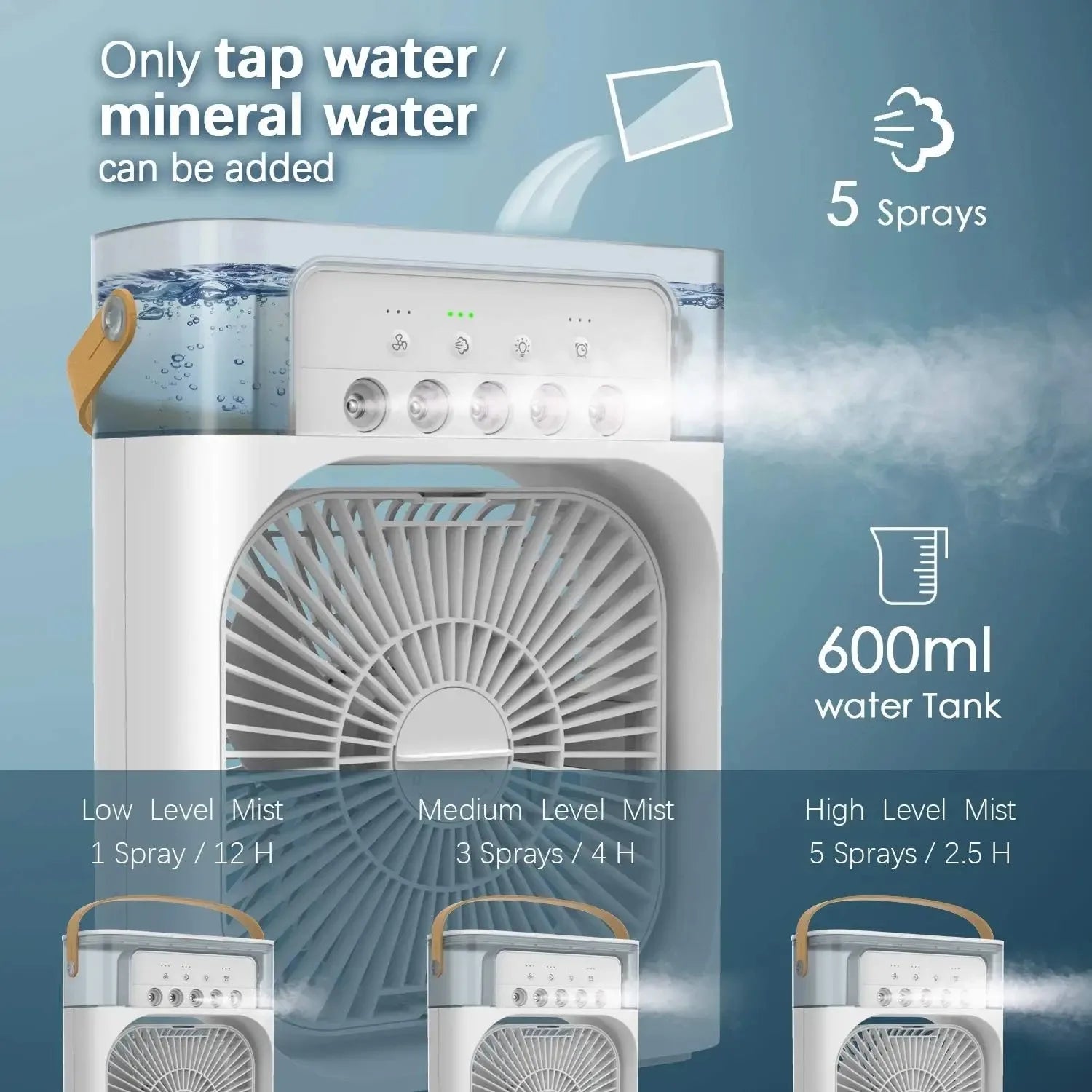 Portable Air Cooling Fan – USB Powered with Water Mist, 7-Color LED & Humidifier